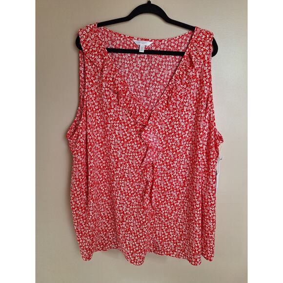 Lauren Conrad Womans 4X Red/White Ditsey Floral‎ Sleeveless Ruffle Front Blouse - Picture 1 of 9